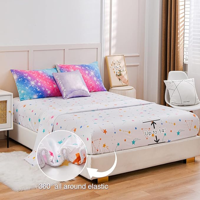 A Nice Night 6Pcs Gradient Glitter Bedding Set for Girls, Colorful Rainbow Galaxy Comforter Set, Ultra Soft Bedding Sets (Pink-Blue,Full 6Pcs) - LeafyLoom