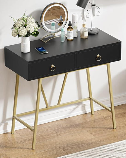 Anmytek Home Office Desk Black Writing Desk with 2 Drawers Modern & Simple Makeup Vanity Study Table Small Computer Desk, D0007 - LeafyLoom
