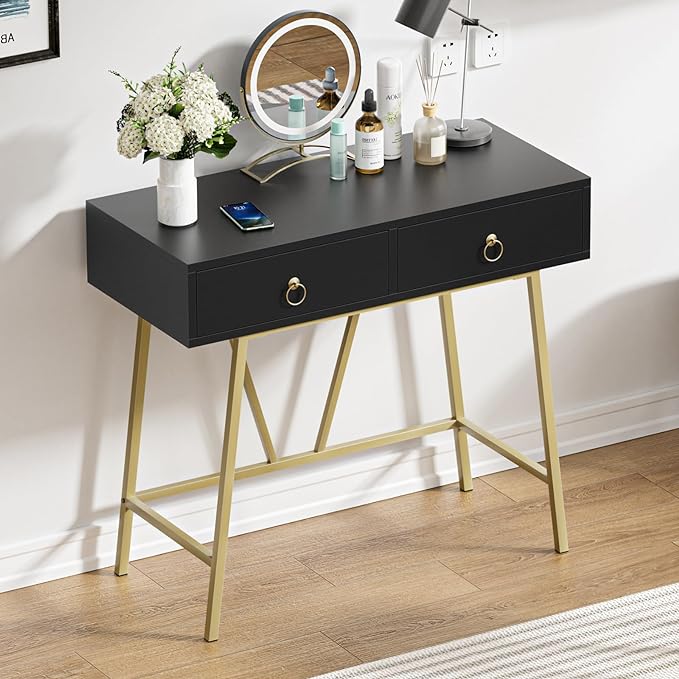Anmytek Home Office Desk Black Writing Desk with 2 Drawers Modern & Simple Makeup Vanity Study Table Small Computer Desk, D0007 - LeafyLoom