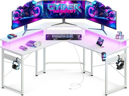 ODK L Shaped Gaming Desk with LED Lights & Power Outlets, 51" Computer Desk with Full Monitor Stand, Corner Desk with Cup Holder, Gaming Table with Hooks, White Carbon Fiber - LeafyLoom