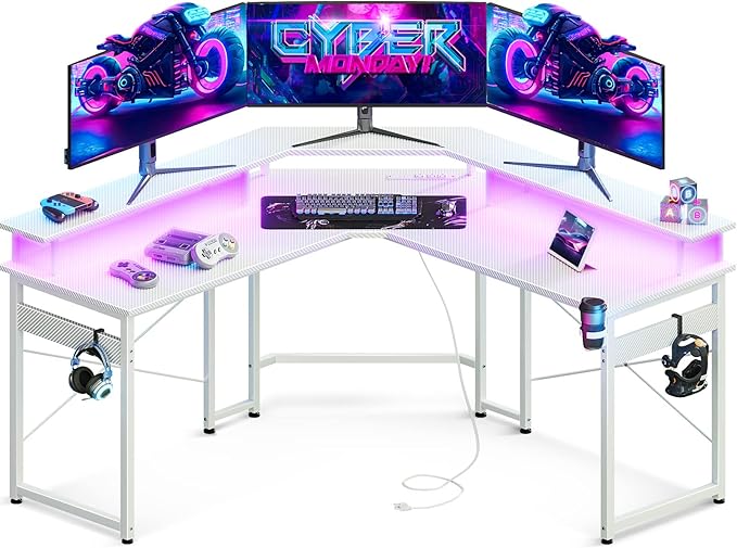 ODK L Shaped Gaming Desk with LED Lights & Power Outlets, 51" Computer Desk with Full Monitor Stand, Corner Desk with Cup Holder, Gaming Table with Hooks, White Carbon Fiber - LeafyLoom