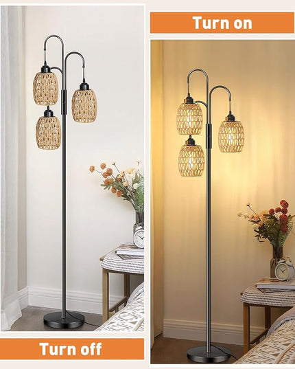 AKASUKI 3 Lights Artificial Rattan Floor Lamps for Living Room, Metal Standing Lamp with Handmade Rope Lampshades, Stepless Dimmable Boho Floor Lamp for Living Room Bedroom, 3 PCS 6W Bulbs Included - LeafyLoom