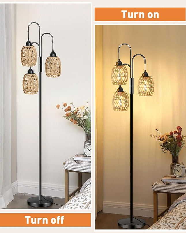 AKASUKI 3 Lights Artificial Rattan Floor Lamps for Living Room, Metal Standing Lamp with Handmade Rope Lampshades, Stepless Dimmable Boho Floor Lamp for Living Room Bedroom, 3 PCS 6W Bulbs Included - LeafyLoom