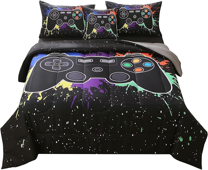 JQinHome Twin Gamer Comforter Sets for Boys&Girls ,6 Piece Bed in A Bag 3D Video Game Bedding -All Season Microfiber Gamer Bedding Sets for Kids, with Pillowcase, Flat & Fitted Sheet,Cushion Cover - LeafyLoom