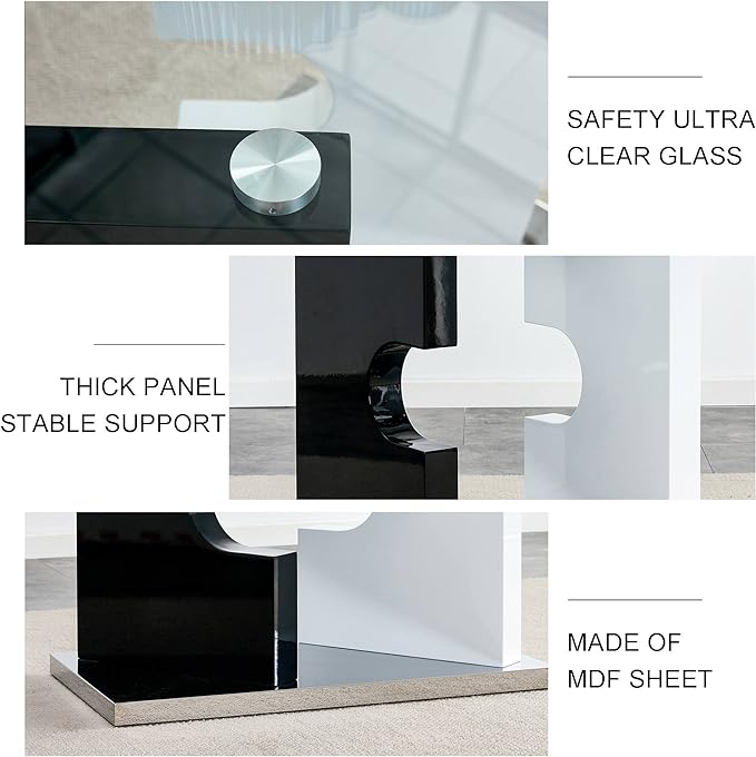 NicBex Large Modern Minimalist Rectangular Glass Dining Table for 6-8 with 0.39" Tempered Glass Tabletop and MDF Slab Special-Shaped Bracket for Kitchen Dining Room Banquet Hall, White + Black - LeafyLoom