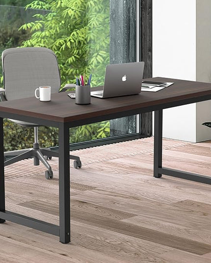 NSdirect Large Office Desk for Home Office, Large 63” Computer Desk Table, Wide Writing Study Desk for 2 Person, Metal Sturdy Frame Thicker Steel Legs, Black Chocolate - LeafyLoom
