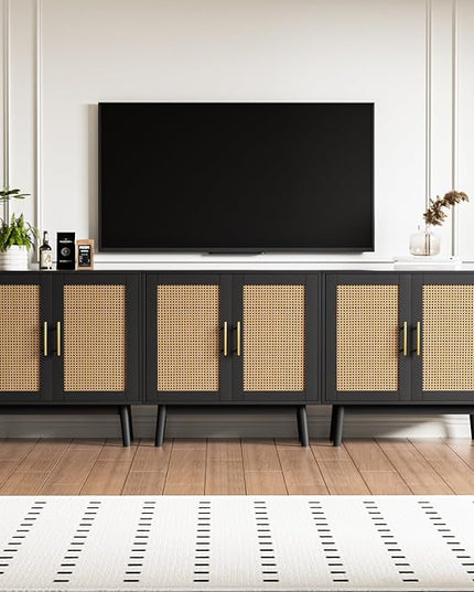 Set of 3 Accent Storage Cabinet with Rattan Decor Doors, Buffet Cabinet with Storage, Sideboard Cabinet for Hallway, Entry, Living Room, Black - LeafyLoom