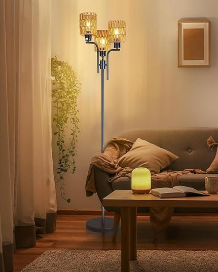 Ganeed Floor Lamps for Living Room,3 Lights Rattan Standing Tall Lamp with Foot Switch,360°Rotation Black Modern Woven Standing Floor Lamp for Bedroom Office - LeafyLoom
