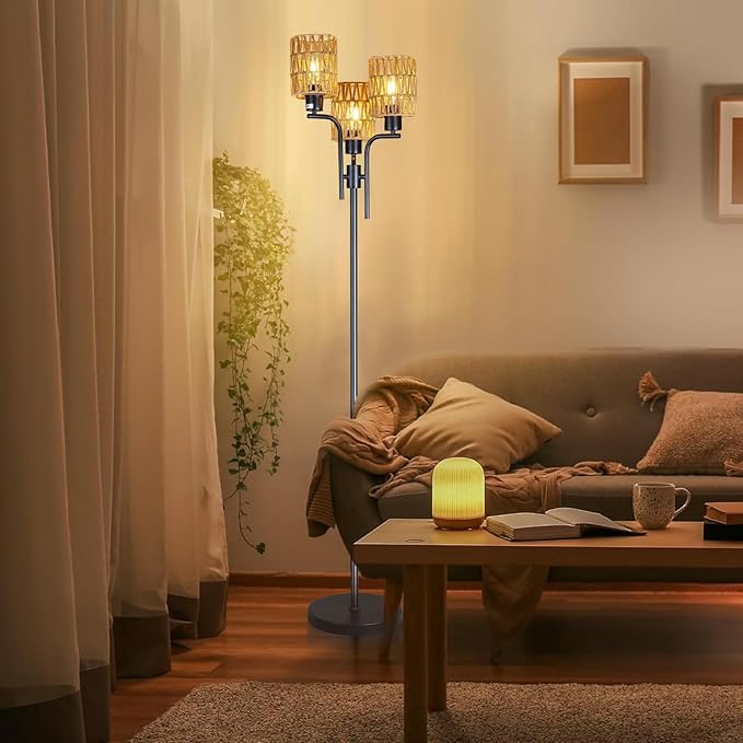 Ganeed Floor Lamps for Living Room,3 Lights Rattan Standing Tall Lamp with Foot Switch,360°Rotation Black Modern Woven Standing Floor Lamp for Bedroom Office - LeafyLoom