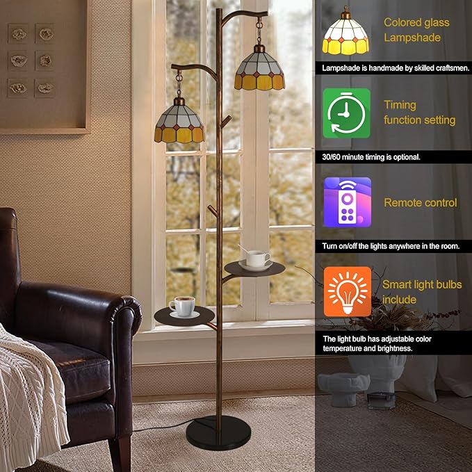 Tiffany Style Stained Glass Retro Floor Lamp with Tray,Dimmable Led Floor Lamps, Custom Color Temperature Standing Lamp with Remote for Living Room and Bedroom,Painted Red Copper - LeafyLoom