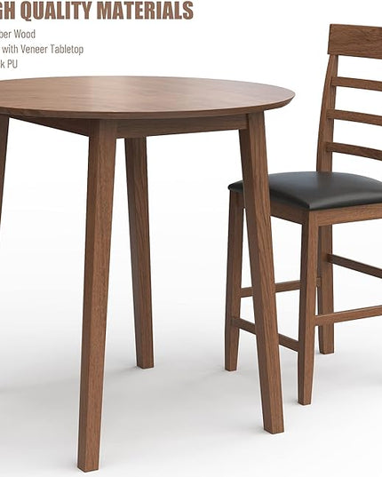 NicBex Small Dining Table for 2 Breakfast Nook Table Set 3Pcs Retro Round Counter Height Drop-Leaf Table with 2 Upholstered Chairs Dining Table Set Pub Set for Small Space Kitchen, Walnut - LeafyLoom
