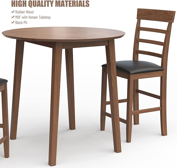 NicBex Small Dining Table for 2 Breakfast Nook Table Set 3Pcs Retro Round Counter Height Drop-Leaf Table with 2 Upholstered Chairs Dining Table Set Pub Set for Small Space Kitchen, Walnut - LeafyLoom