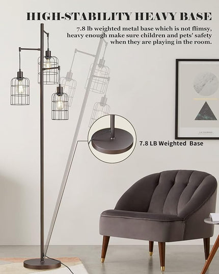 Upgraded Stepless Dimmable Tree Floor Lamp, 3 LED Edison Bulbs Included, ELYONA Farmhouse 71” Tall Pole Reading Standing Light with Industrial Cage Metal Shade for Bedroom, Living Room, Office, Bronze - LeafyLoom