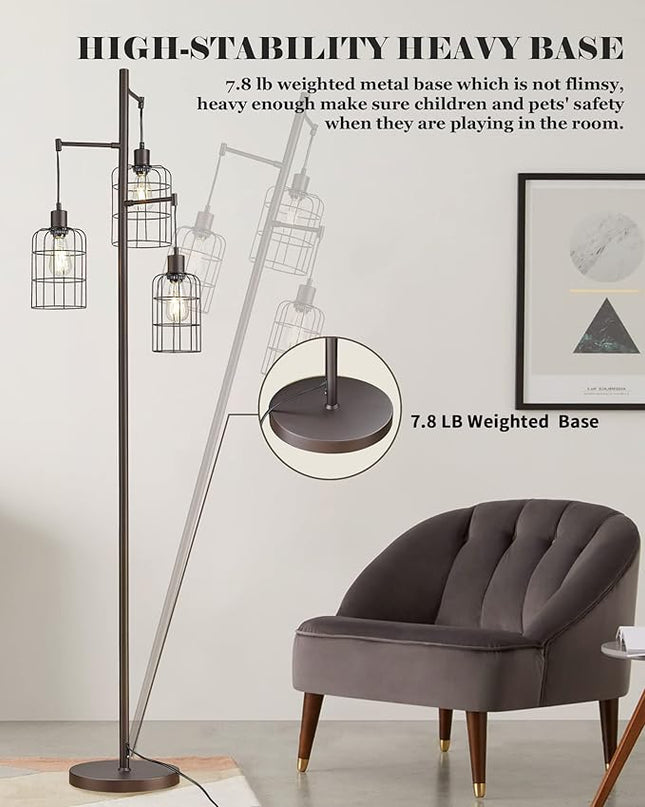 Upgraded Stepless Dimmable Tree Floor Lamp, 3 LED Edison Bulbs Included, ELYONA Farmhouse 71” Tall Pole Reading Standing Light with Industrial Cage Metal Shade for Bedroom, Living Room, Office, Bronze - LeafyLoom