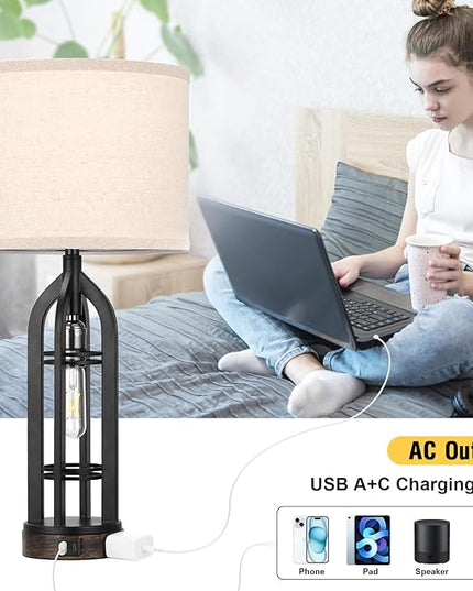 Table Lamp for Living Room - Lamps Set of 2 with USB C+A & Outlet, 3-Way Dimmable Farmhouse Lamps for Night Stands, Rustic Bedside Lamp for End Tables, Industrial Nightstand Lamps for Bedroom - LeafyLoom