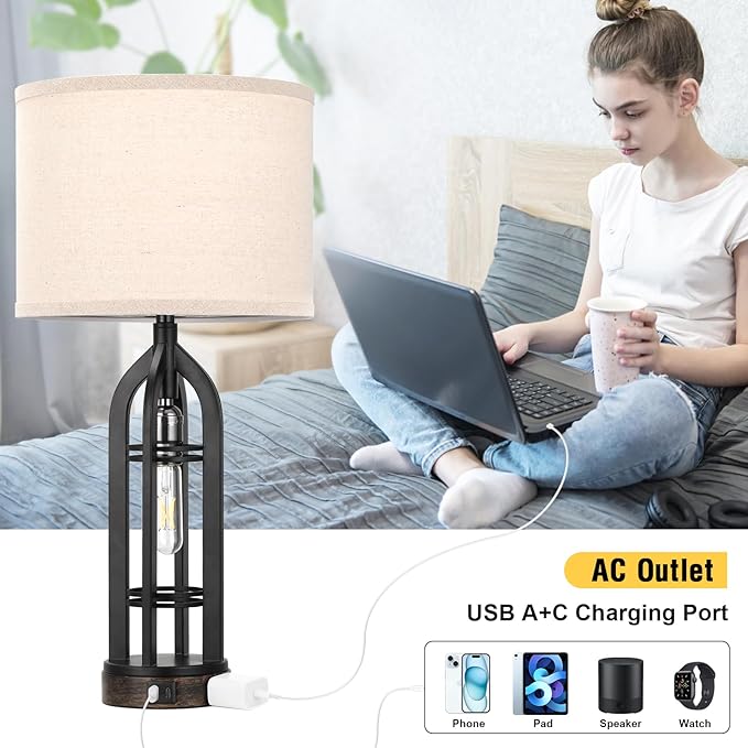 Table Lamp for Living Room - Lamps Set of 2 with USB C+A & Outlet, 3-Way Dimmable Farmhouse Lamps for Night Stands, Rustic Bedside Lamp for End Tables, Industrial Nightstand Lamps for Bedroom - LeafyLoom