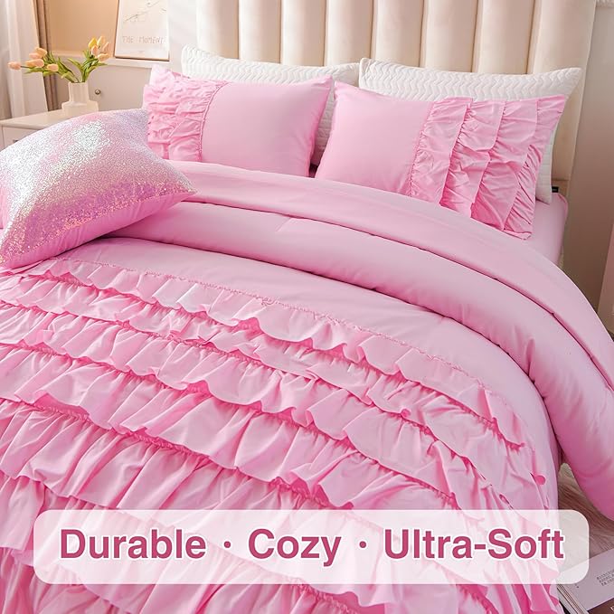 A Nice Night Waterfall Flutter Ruffle Comforter Set,Ruffled Textured Soft Chic Princess 6pcs Bedding Set,with Bling Shiny Sequin Throw Pillow Case,DarkPink,Twin - LeafyLoom
