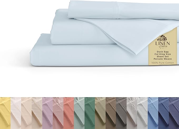 100% Cotton Percale Sheets California King Size, Blue Duck Egg, Deep Pocket, 4 Pieces Sheet Set - 1 Flat, 1 Deep Pocket Fitted Sheet and 2 Pillowcases, Crisp Cool and Strong Bed Linen - LeafyLoom