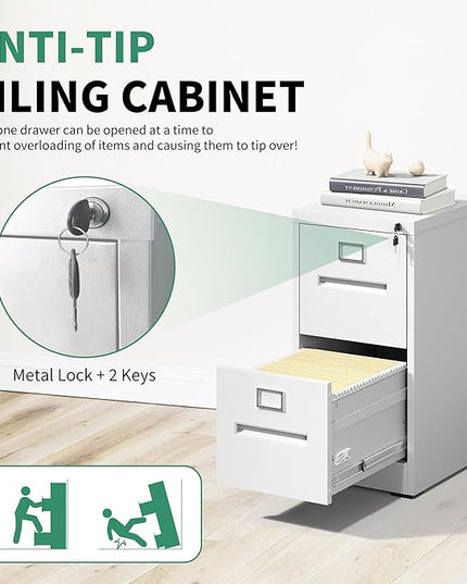 2 Drawer File Cabinet,Metal Filing Cabinets with Lock,White Vertical File Cabinet for Home Office,Heavy Duty Metal Storage Cabinet for A4/Letter/Legal Size File,Assembly Required - LeafyLoom