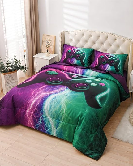 Meeting Story Gamer Gaming Bedding Sets Black Pink Lightnings Gamepad Comforter Set for Boys Games Console Action Buttons Novelty Colorful Modern Room Decor Home Quilt Set (Green-Purple, Twin 5Pcs) - LeafyLoom
