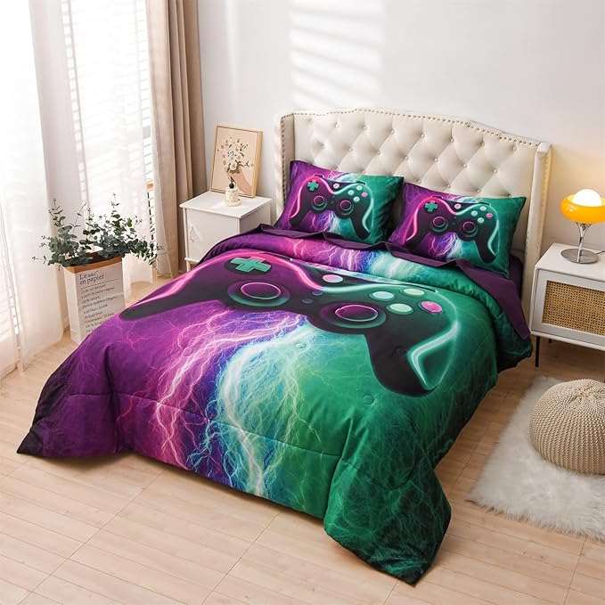 Meeting Story Gamer Gaming Bedding Sets Black Pink Lightnings Gamepad Comforter Set for Boys Games Console Action Buttons Novelty Colorful Modern Room Decor Home Quilt Set (Green-Purple, Twin 5Pcs) - LeafyLoom