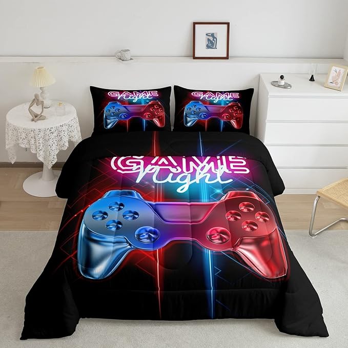 Boys Gaming Comforter Set Queen Size Teens Gamer Bedding Set Modern Blue Red Video Game Controller Comforter For Kids Children Youth Bedroom Decor Multi-Color Gamer Console Action Buttons Duvet Set - LeafyLoom