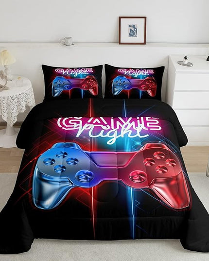 Boys Gaming Comforter Set Twin Size Teens Gamer Bedding Set Modern Blue Red Video Game Controller Comforter For Kids Children Youth Bedroom Decor Multi-Color Gamer Console Action Buttons Duvet Set - LeafyLoom