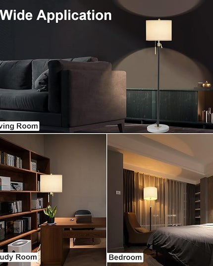 Floor Lamp for Living Room Adjustable Tall Standing Lamp, 3-Way Dimmable Floor Lamp for Bedroom Office, Black Gold Lamp with Marble Base and White Linen Shade, 6W 3000K LED Blub Included - LeafyLoom