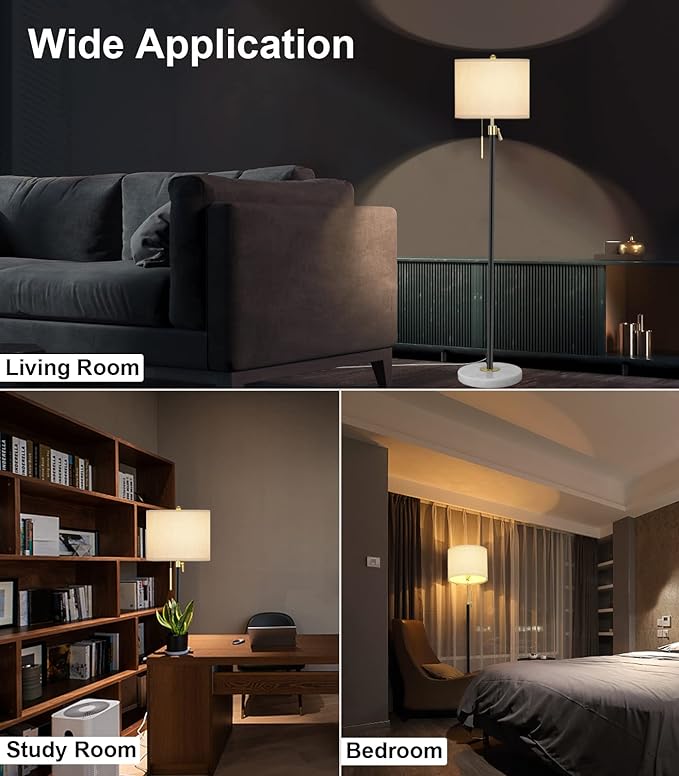 Floor Lamp for Living Room Adjustable Tall Standing Lamp, 3-Way Dimmable Floor Lamp for Bedroom Office, Black Gold Lamp with Marble Base and White Linen Shade, 6W 3000K LED Blub Included - LeafyLoom