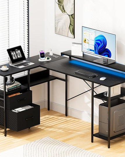 L-Shaped Home Office Desks with 2 Drawers Reversible Computer Gaming Desk with Monitor Stand Power Outlets Corner Desks for Home Office 61" Pure Black - LeafyLoom