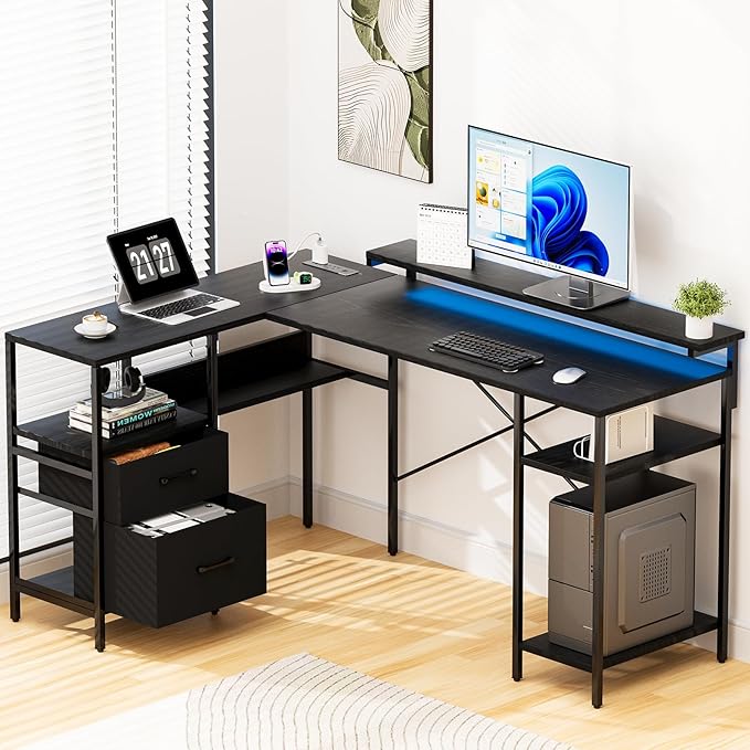 L-Shaped Home Office Desks with 2 Drawers Reversible Computer Gaming Desk with Monitor Stand Power Outlets Corner Desks for Home Office 61" Pure Black - LeafyLoom