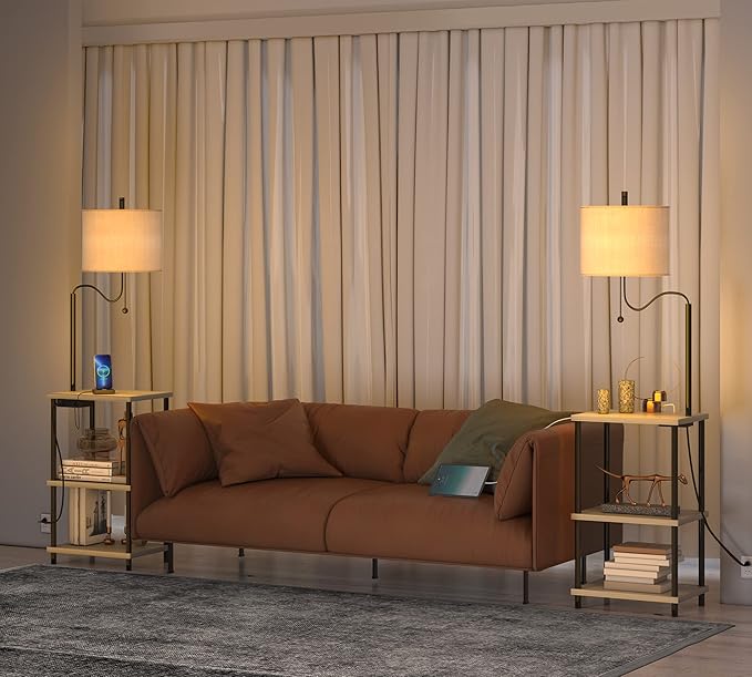 Floor Lamp with Table for Living Room End Table with Lamp Attached USB Type-C Bedside Reading Table with Charging Station Small Nightstand Table Floor Lamp for Bedroom(Bulb Included) - LeafyLoom