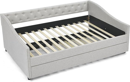 Full Size Upholstered Daybed with Twin Trundle, Wooden Sofa Bed w/Button Tufted Backrest and Waved Shape Arms, No Box Spring Needed, for Living Room, Bedroom, Dorm, Beige - LeafyLoom
