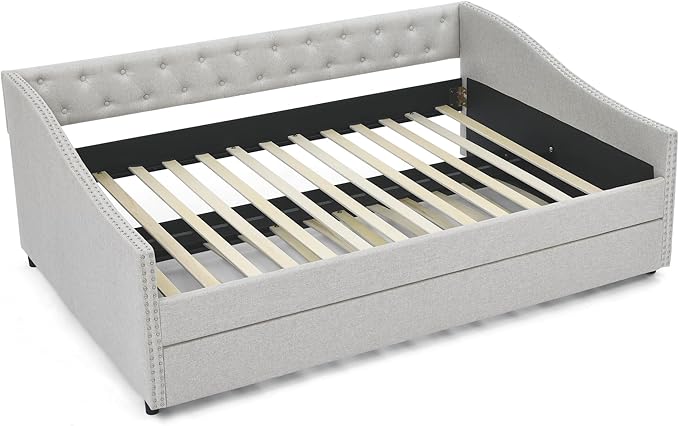 Full Size Upholstered Daybed with Twin Trundle, Wooden Sofa Bed w/Button Tufted Backrest and Waved Shape Arms, No Box Spring Needed, for Living Room, Bedroom, Dorm, Beige - LeafyLoom