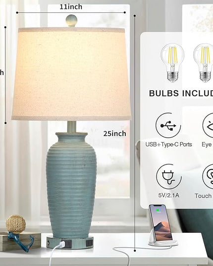 25" Farmhouse Jar Table Lamps Set of 2, 3 Way Touch Control Rustic Bedside Lamps with USB A+C Ports & AC Outlet, Pot Nightstand Lamps for Bedroom Living Room (LED Bulbs Included) - LeafyLoom