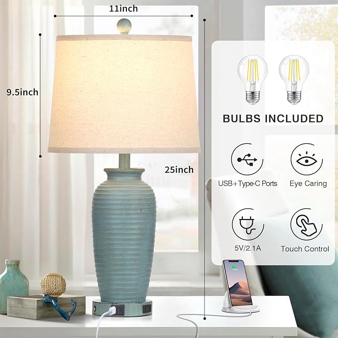 25" Farmhouse Jar Table Lamps Set of 2, 3 Way Touch Control Rustic Bedside Lamps with USB A+C Ports & AC Outlet, Pot Nightstand Lamps for Bedroom Living Room (LED Bulbs Included) - LeafyLoom