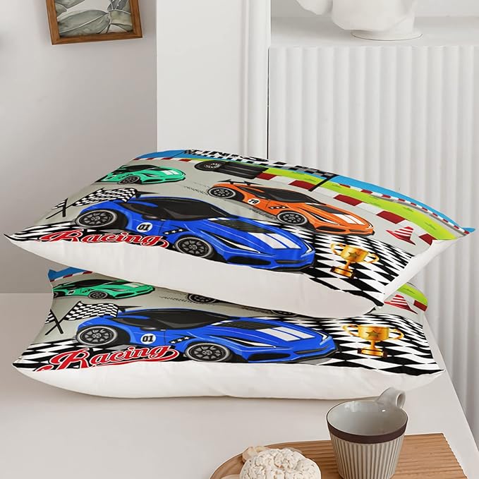 Axolotl Racing Car Bedding Set Full,Cool Speed Race Car Down Comforter for Kids Boys Girls Teens,Racing Car Comforter Set Car Theme with Three Cars Arrive at Finish,1 Comforter and 2 Pillowcases - LeafyLoom