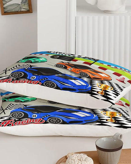 Axolotl Racing Car Bedding Set Queen,Cool Speed Race Car Down Comforter for Kids Boys Girls Teens,Racing Car Comforter Set Car Theme with Three Cars Arrive at Finish,1 Comforter and 2 Pillowcases - LeafyLoom