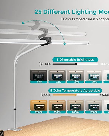 Led Desk Lamp for Office Home, Eye Caring Architect Desk Light with Clamp, Double Head 24W Ultra Bright Table Lamp with Remote Control, 5 Color Modes Flexible Gooseneck Lamp for Reading Study White - LeafyLoom
