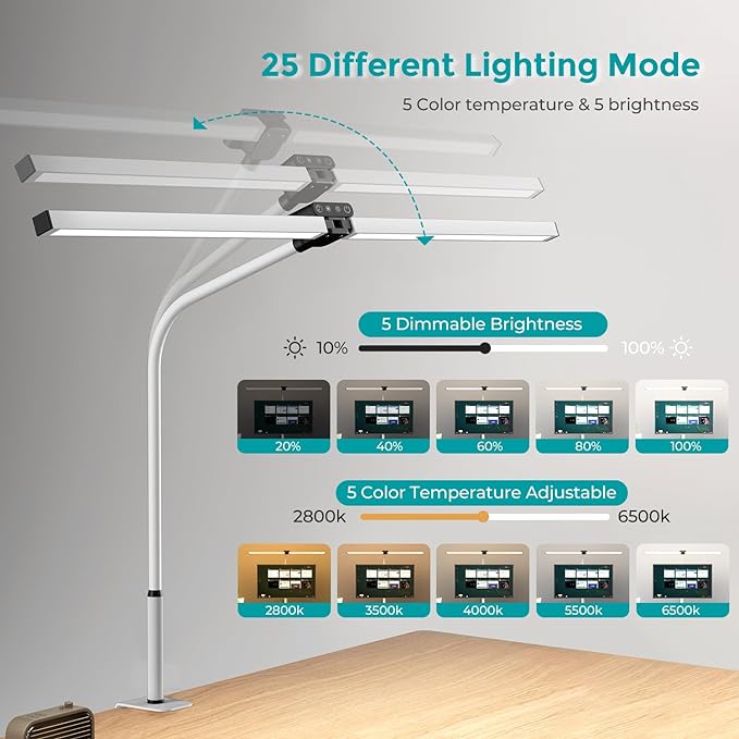LED Desk Lamp, Double Head dimmable 24W 80CM Desk lamp for Home Office, clampable Eye Protection Daylight lamp with Remote Controls, 5 Colors 5 Brightness Office Table lamp White - LeafyLoom