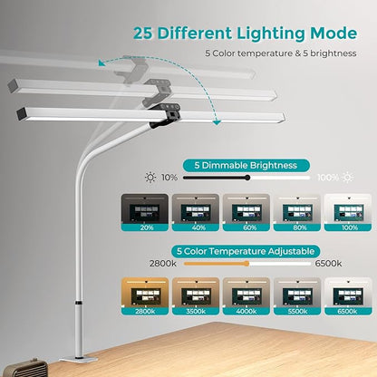LED Desk Lamp, Double Head dimmable 24W 80CM Desk lamp for Home Office, clampable Eye Protection Daylight lamp with Remote Controls, 5 Colors 5 Brightness Office Table lamp White - LeafyLoom