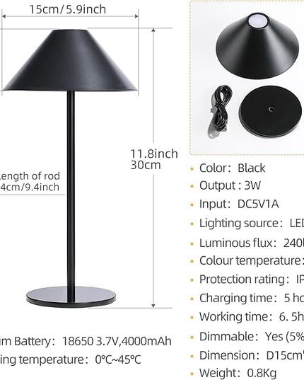 oneleaf Cordless Table Lamp, Modern LED Rechargeable Battery Touch Desk lamp,Night Light, Metal Shell,Minimalist Design, for Couple Dinner/Coffee Table/Restaurant/Bedroom/Camp-Black - LeafyLoom