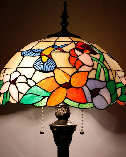 WERFACTORY Tiffany Floor Lamp Hummingbird Amber Stained Glass Standing Reading Light 16X16X64 Inches Antique Pole Corner Lamp Decor Bedroom Living Room Home Office S101 Series - LeafyLoom