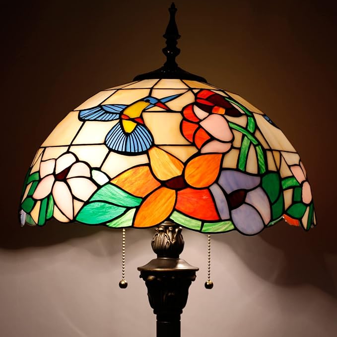 WERFACTORY Tiffany Floor Lamp Hummingbird Amber Stained Glass Standing Reading Light 16X16X64 Inches Antique Pole Corner Lamp Decor Bedroom Living Room Home Office S101 Series - LeafyLoom