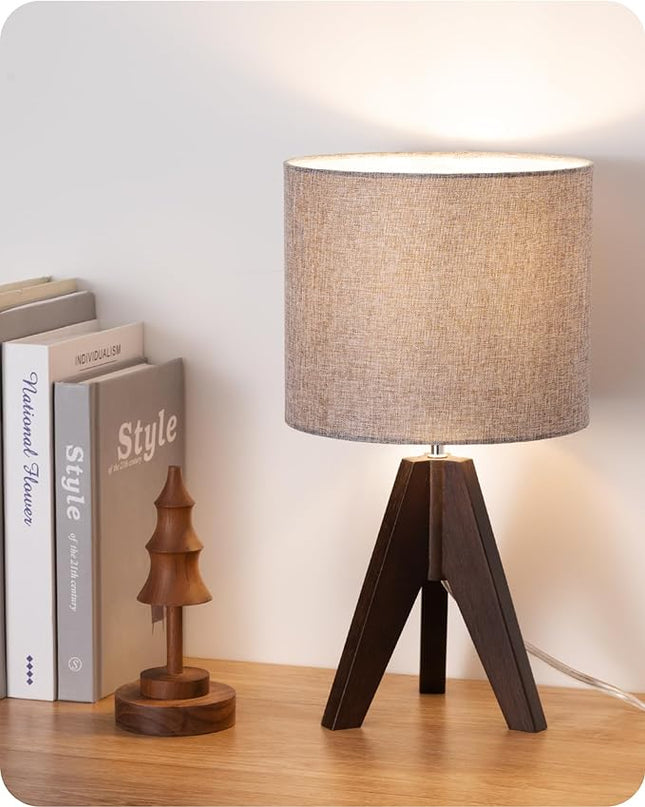 EDISHINE Boho Small Table Lamp, Walnut Color Wooden Tripod Bedside Lamp, Farmhouse Nightstand Lamp for Nursery, Bedroom, Office, Kid Room, Living Room, Grey Linen Lampshade, E26 Socket, 14.2 Inch - LeafyLoom