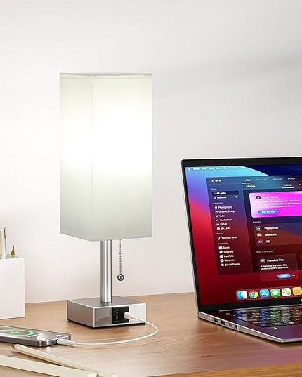 White Small Lamp for Bedroom - 3 Color Temperature 3000K 5000K 4000K Bedside Lamp, Pull Chain Control, USB A and C Charging Ports, Silver Base, for Kids Office Dorm nightstand, Bulb Included - LeafyLoom