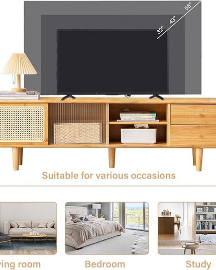 Tiita Rattan TV Stand for 55 60 Inch TV, Bamboo TV Cabinet with 2 Drawers, Boho Entertainment Center with Adjustable Shelf, Mid Century Modern Media Console for Bedroom, Living Room, Study - LeafyLoom