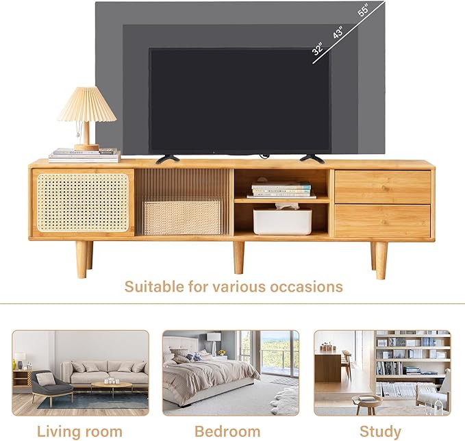 Tiita Rattan TV Stand for 55 60 Inch TV, Bamboo TV Cabinet with 2 Drawers, Boho Entertainment Center with Adjustable Shelf, Mid Century Modern Media Console for Bedroom, Living Room, Study - LeafyLoom