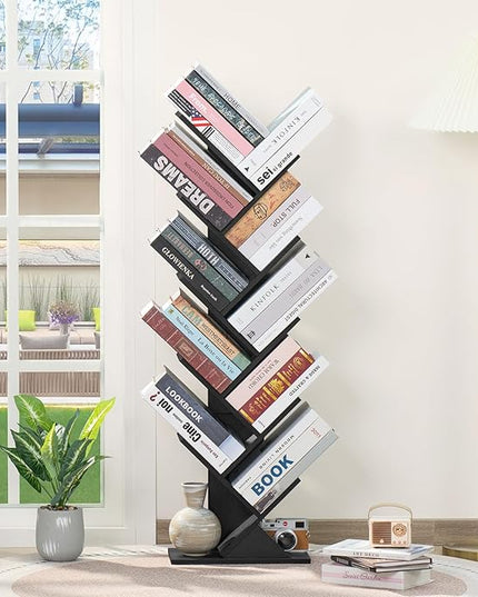 10 Tier Tree Book Shelf, Floor Standing Wood Bookshelf for Narrow Space, Storage Organizer Bookshelves for Books/CDs/Magazine, Bookcase with Shelves for Home Office, Living Room - Black - LeafyLoom
