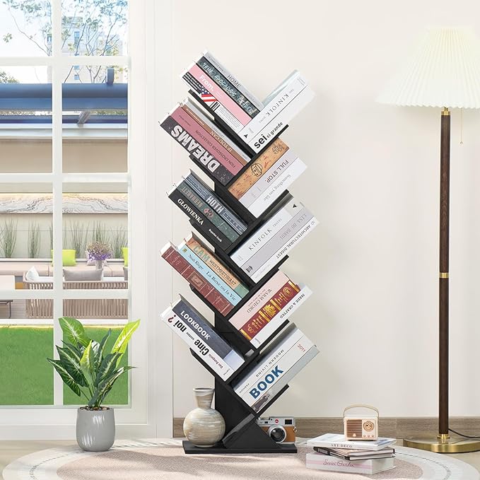 10 Tier Tree Book Shelf, Floor Standing Wood Bookshelf for Narrow Space, Storage Organizer Bookshelves for Books/CDs/Magazine, Bookcase with Shelves for Home Office, Living Room - Black - LeafyLoom
